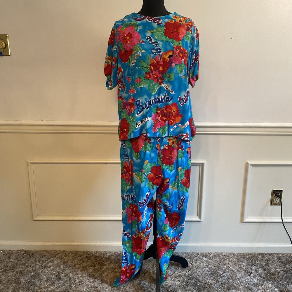 VTG Carole Little Women Large Colorful Tropical Print Pants Blouse Set Vacation